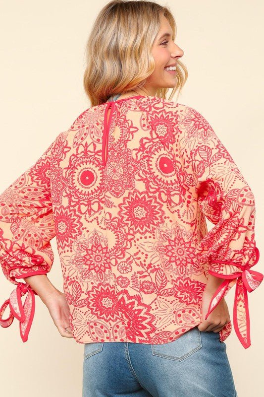 Haptics Ribbon Bow Detail Floral Round Neck Blouse Chic - Love Salve